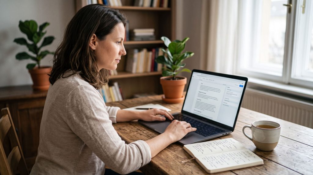 Professzionális kreatív szövegíró laptopnál dolgozik egy egyedi szövegen