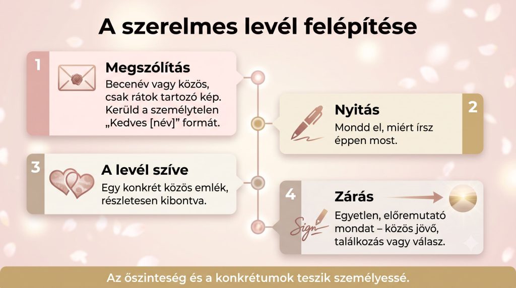 Infografika a szerelmes levél négy lépéséről: megszólítás, nyitás, a levél szíve, zárás
